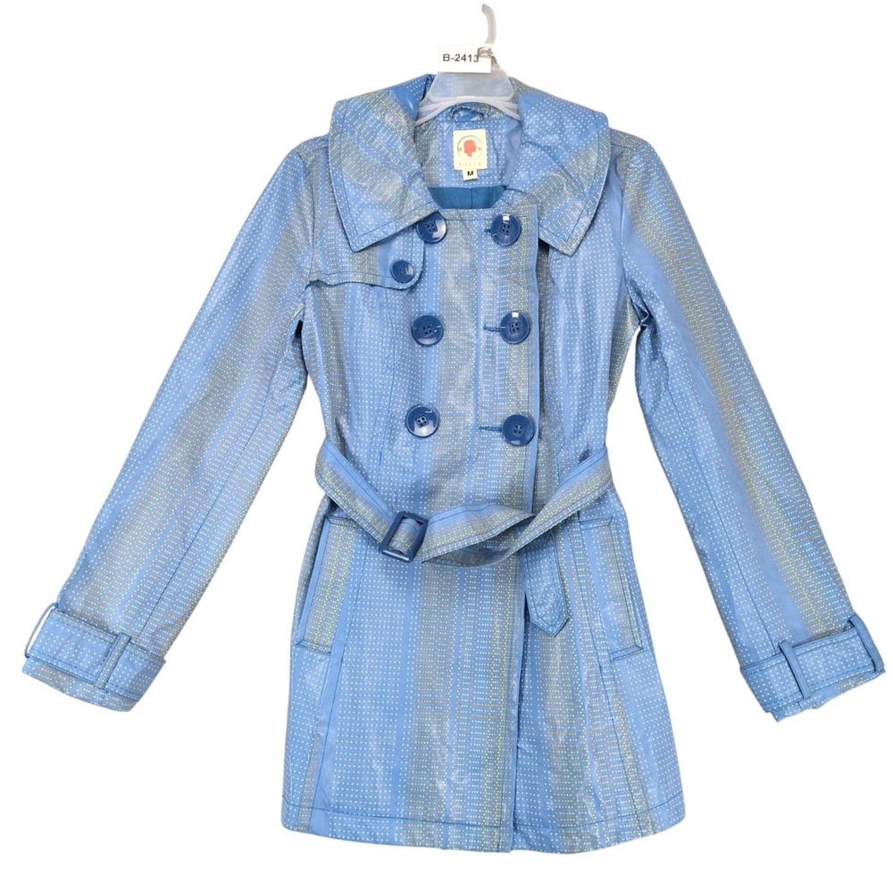 Tulle Blue Double Breasted Rain Trench Coat Womens M Belted Micro Dot Retro Mod
